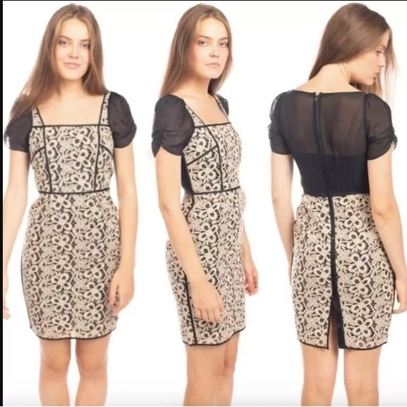 Party Goddess HOSS INTROPIA Stone Silk Dress 34 XS Black Beige Lace Mini NEW$450 - Picture 1 of 16